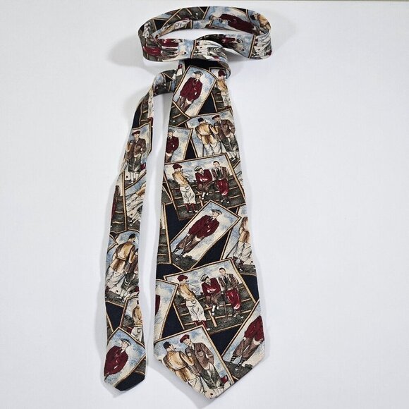 Gant Tie Silk  Multicolor Golf Players Print VTG Boho Art to Wear W3.75 L58 inch - Picture 3 of 16